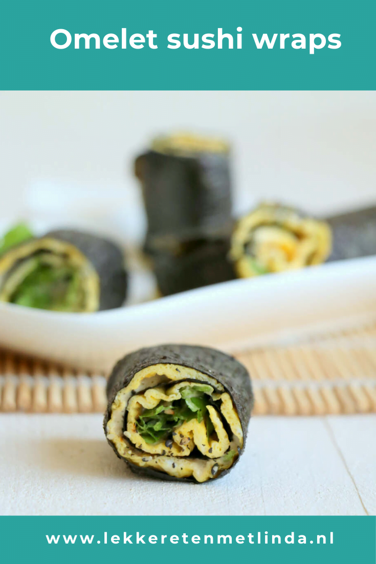Omelet sushi wraps voor de lunch. Een budgetvriendelijke sushi met ei, avocado en norivellen. Een lekkere voedzame lunch. Probeer het eens uit! Klik op de foto voor het recept. #omelet