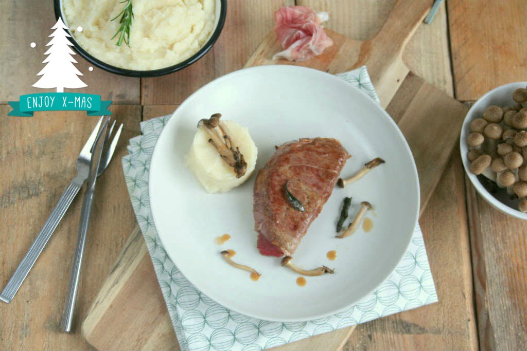 biefstuk in parmaham met knolselderijpuree
