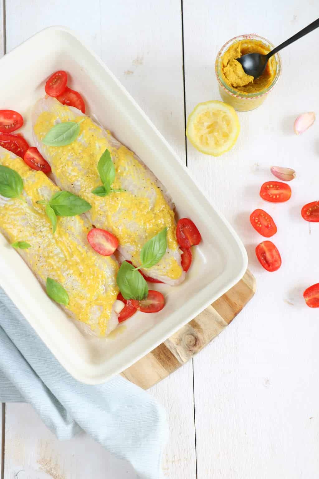 witvis filet met mosterdsaus