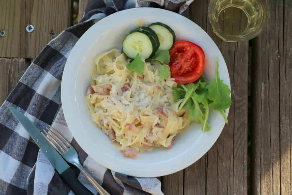 pasta carbonara voor op de camping