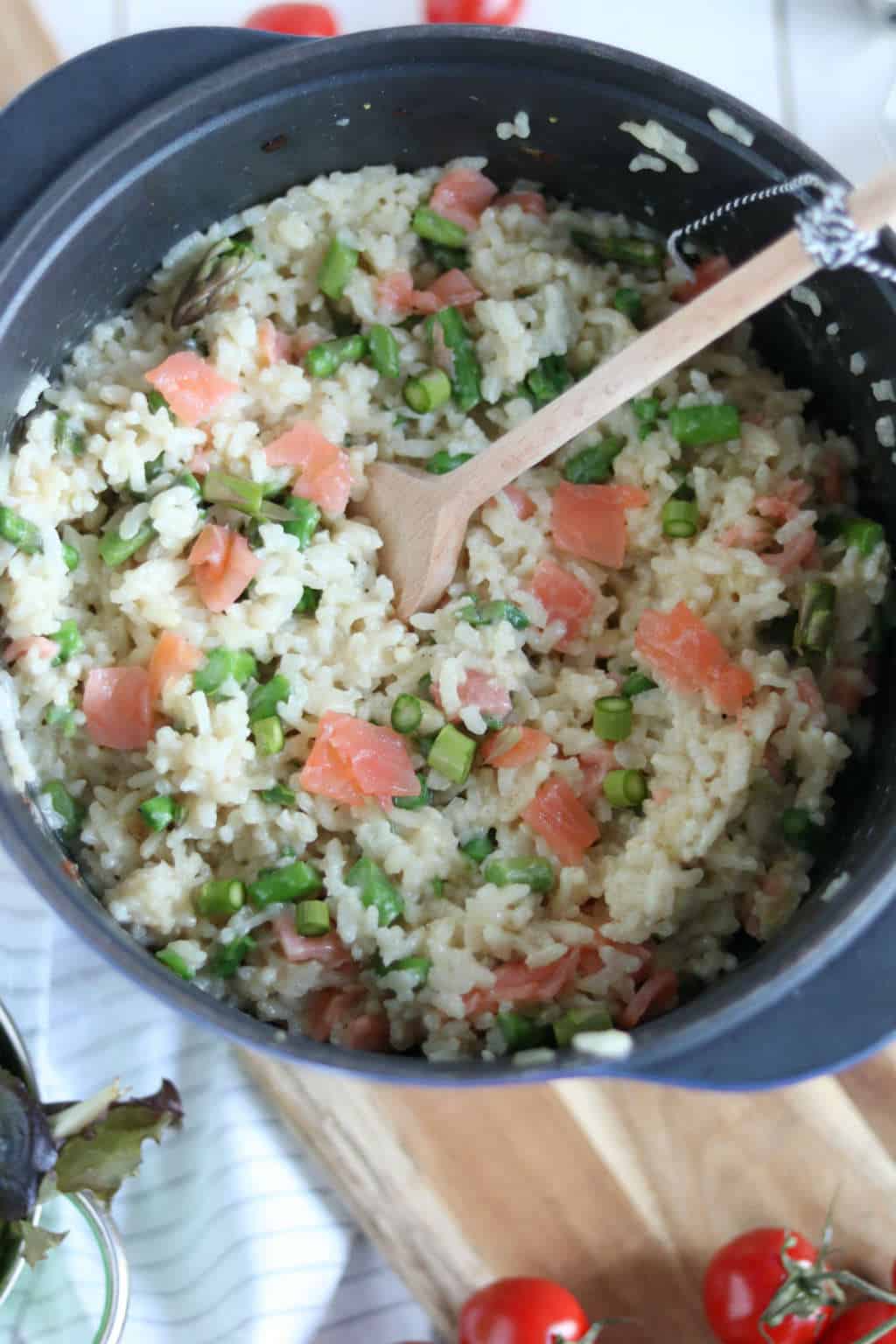 Risotto uit de oven met groene asperges en gerookte zalm. #lente #pasen #spring #risotto