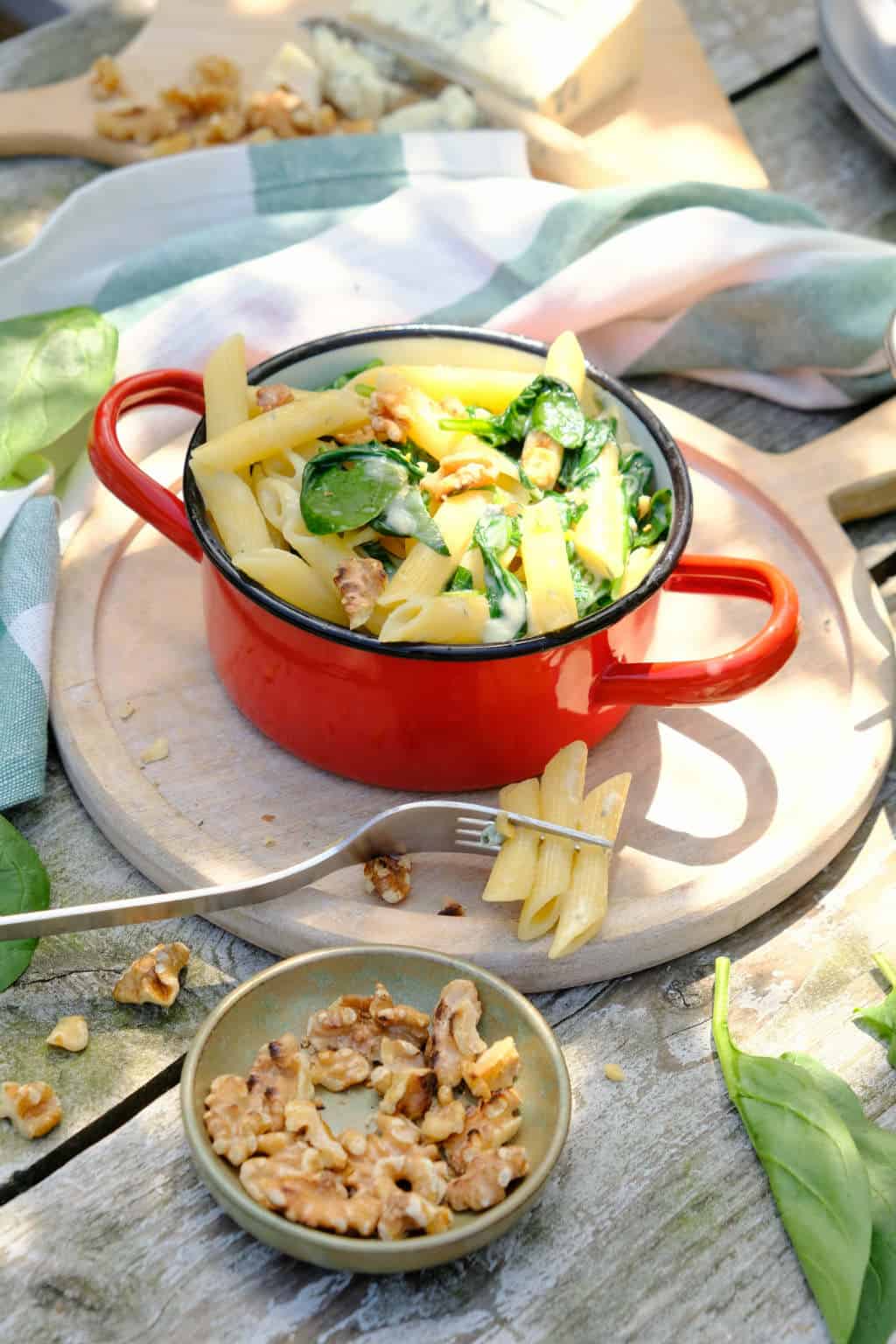 Penne met spinazie en gorgonzola