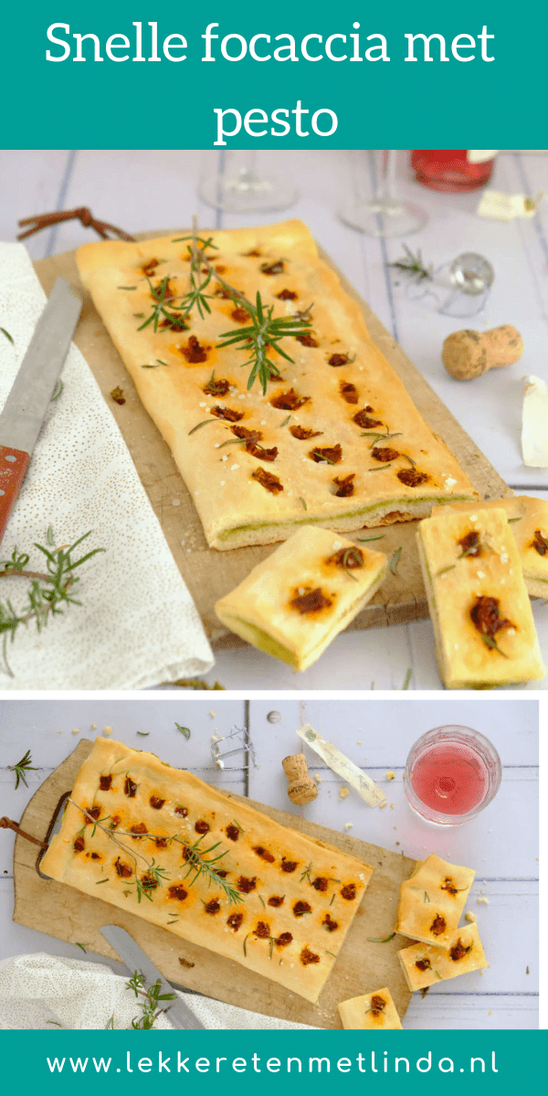 Een snelle focaccia met pesto en zongedroogde tomaat maak je makkelijk met een verse rol pizzadeeg. Dit hapejs recept serveer je warm of koud.