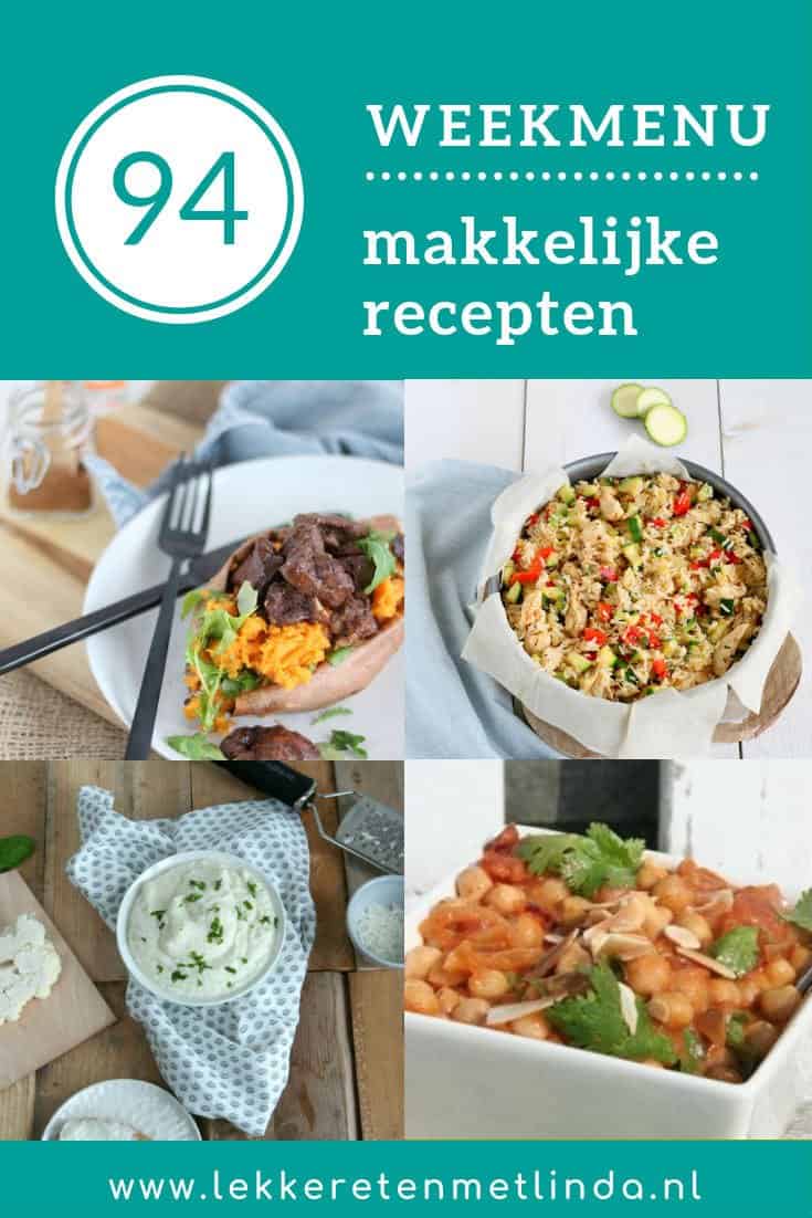 Weekmenu 94 makkelijke recepten met een makkelijk recept voor Pakjesavond, courgette taart met kip en spaghetti met een broccolisaus