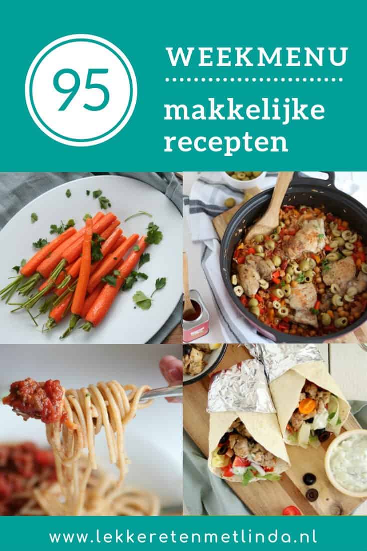 Weekmenu 95 makkelijke recepten met deze week gekarameliseerde wortelen, Spaanse kip met rijst uit de oven en een spaghetti bolognese.