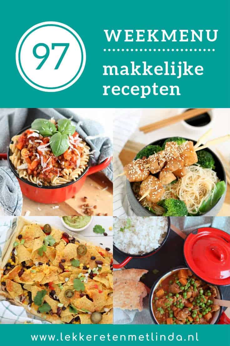 Weekmenu 97 met een linzen bolognese pasta, Indische gehaktballetjes bij een stamppot, kip curry en een feestelijk nacho plaattaart.