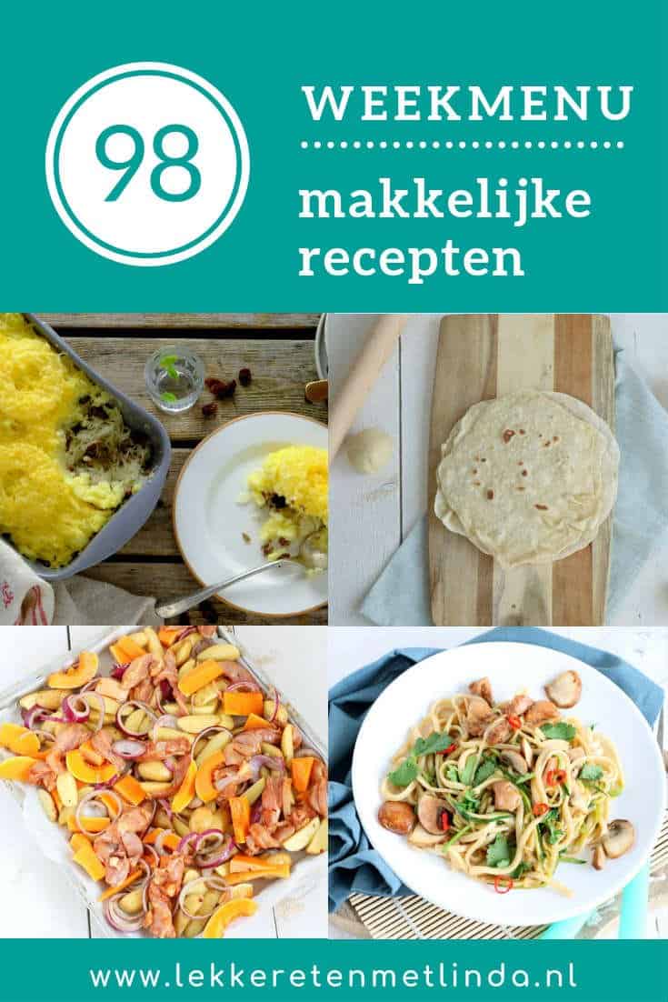 Weekmenu 98 met een maaltijdsoep, traybake, gebakken noedels, een zuurkoolschotel met ananas en de lekkerste zelfgemaakte wraps.