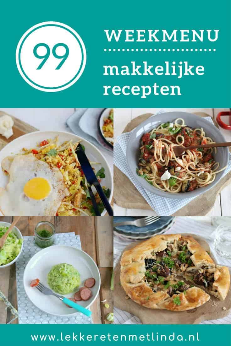 Weekmenu 99 met makkelijke recepten van een bloemkoolnasi voor extra groente, een vega pasta met aubergine, een preistamppot en hele zalm. 