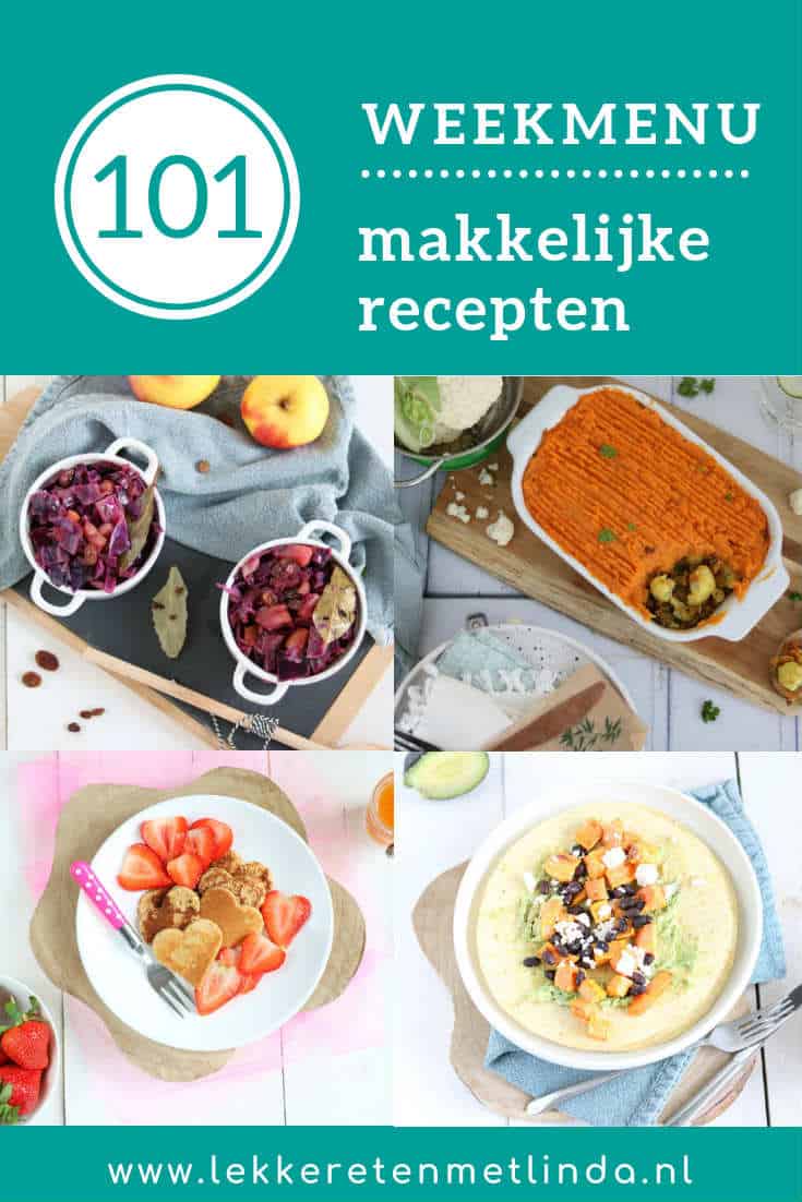 Weekmenu 101 met geroosterde groenten, gestoofde rode kool, bloemkool ovenschotel en wraps met zoete aardappel, bonen en feta. 