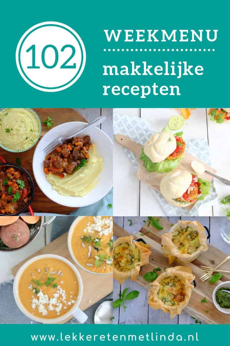 Weekmenu 102 met makkelijke recepten voor de dagelijkse maaltijd. Deze week krokante kipburgers, stoofvlees, zoete aardappel soep en spruitjes uit de oven.