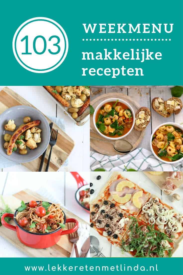 Weekmenu 103 met een vis recept, comfort food uit de oven, plaatpizza en een heerlijke zelfgemaakte vegetarische pastasaus.