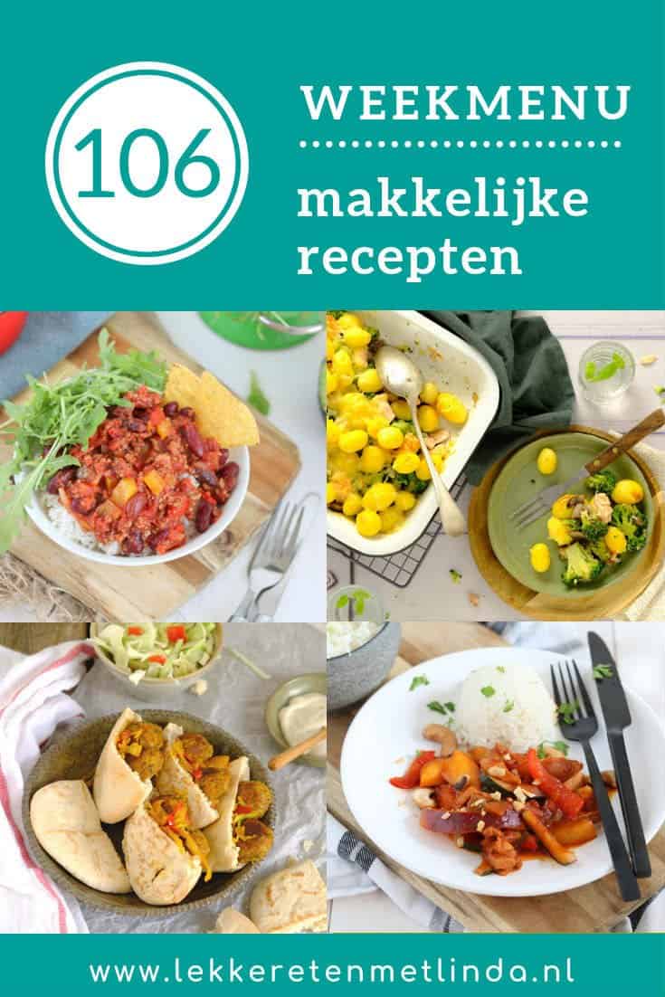 Weekmenu 106 met makkelijke recepten geschikt voor het hele gezin. Deze week een maaltijdsoep, een ovenschotel met zalm, pita falafel, kip pilav en chili con carne. #weekmenu #planner