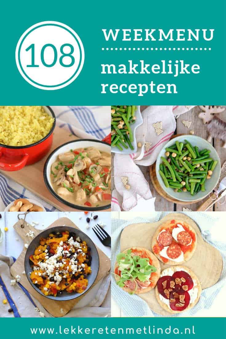 Weekmenu 107 met makkelijke maaltijden geschikt voor het hele gezin. Deze week kun je een vega stamppot, bloemkoolrijst met kip en pita pizza verwachten. #weekmenu #makkelijkerecepten #gezin