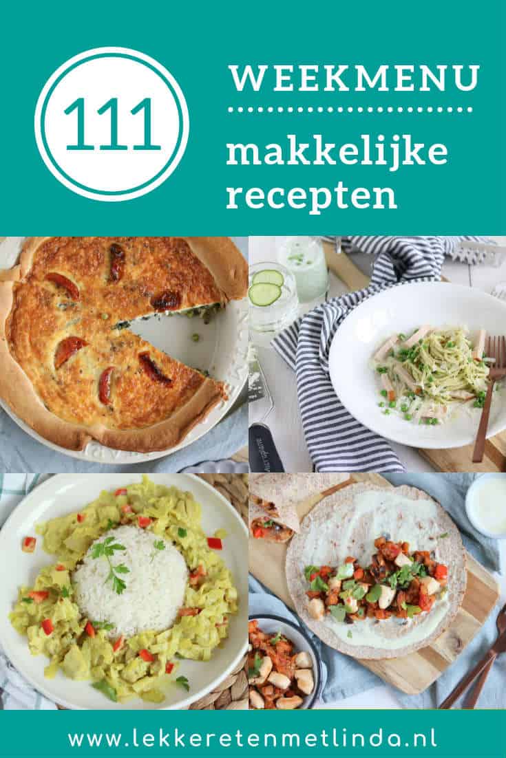 Weekmenu met makkelijke recepten voor het hele gezin met deze week kip kerrie, Indiase kip wraps, een spinazie quiche en zalm met pesto.