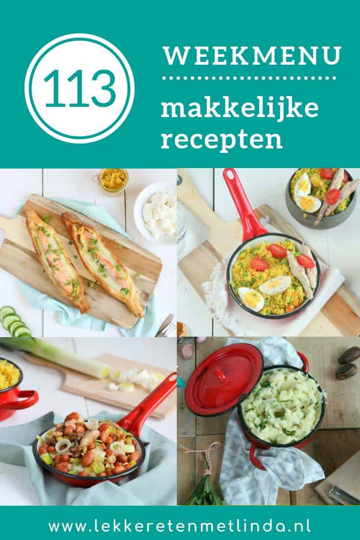 Weekmenu 133 makkelijke recepten voor het hele gezin. Deze week staat er een eenpanspasta, bruine bonen schotel, kedgeree en asperges in bladerdeeg op het menu. #gezin #makkelijkemaaltijd