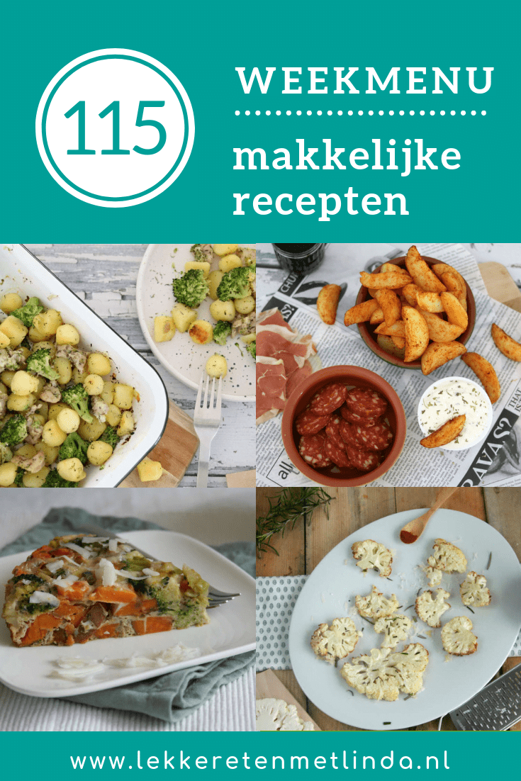 Weekmenu 115 makkelijke recepten voor het hele gezin. Gebruik de planner als inspiratie voor het avondeten met deze week een frittata, patatas bravas, een gezond aardappel groente vlees maaltijd en bloemkool.