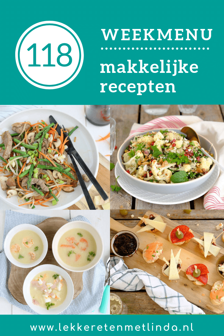 Weekmenu 118 met makkelijke recepten voor het hele gezin met deze week een bloemkoolsalade, zoete aardappel stamppot, aspergesoep en pinchos.