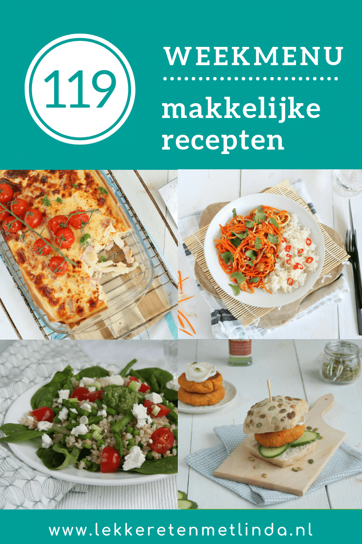 Weekmenu 119 makkelijke recepten voor het hele gezin met een aspergetaart, snelle rijstmaaltijd, rijst met asperges en zoete aardappel burgers.