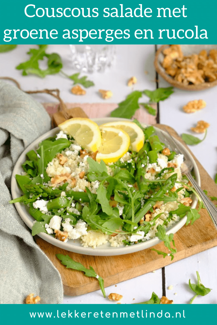 Couscous met groene asperges, rucola en feta is een heerlijke zomerse maaltijdsalade. De dressing met munt en citroen maken dit recept helemaal af.