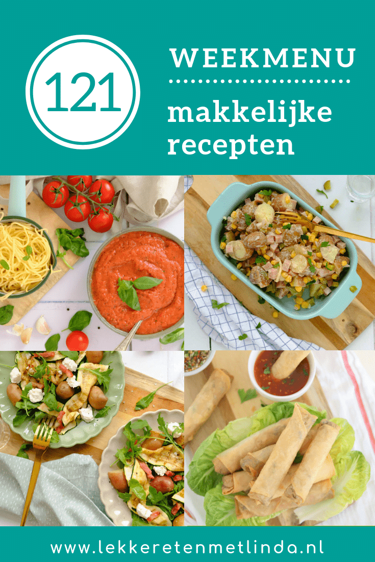 Weekmenu 121 makkelijke recepten voor het hele gezin met twee maaltijdsalades, een snelle pastasaus en zelfgemaakte loempia's. ltijd, rijst met asperges en zoete aardappel burgers.