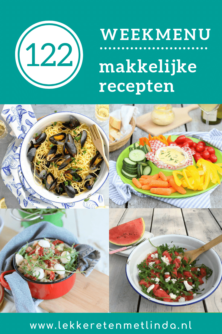 Weekmenu 122 met makkelijke recepten geschikt voor het hele gezin zoals een Italiaanse stamppot, kaasfondue van de bbq, watermeloen salade en mosselen met spaghetti. #weekmenu #makkelijkemaaltijd #gezin