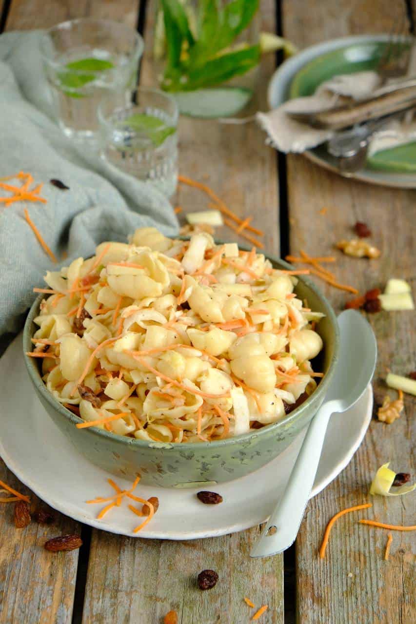 Witlofsalade met pasta is een goed vullende maaltijdsalade met rauwe witlof, wortel, kaas, rozijnen en appel met een frisse yoghurt dressing.