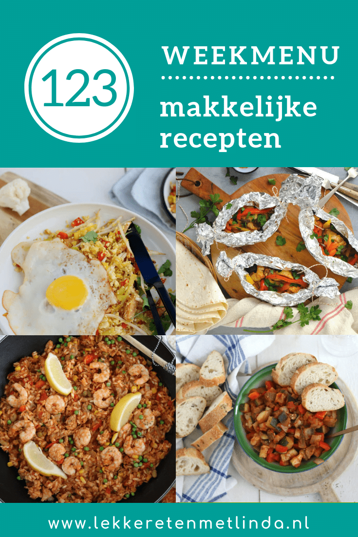 Weekmenu 123 met makkelijke recepten geschikt voor het hele gezin zoals kip pakketjes uit de oven, bloemkool nasi, paealla en een rucola stamppot