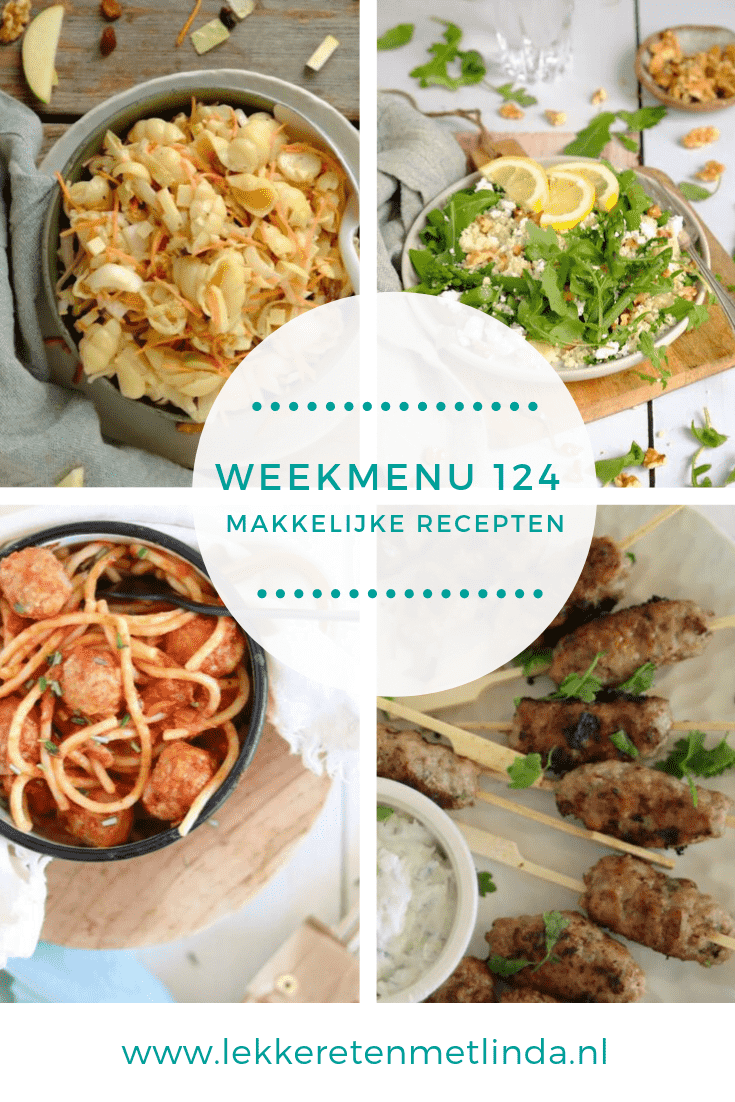 Weekmenu 124 met makkelijke recepten voor het hele gezin met een witlofsalade met pasta, couscous met asperges en spaghetti met balletjes.