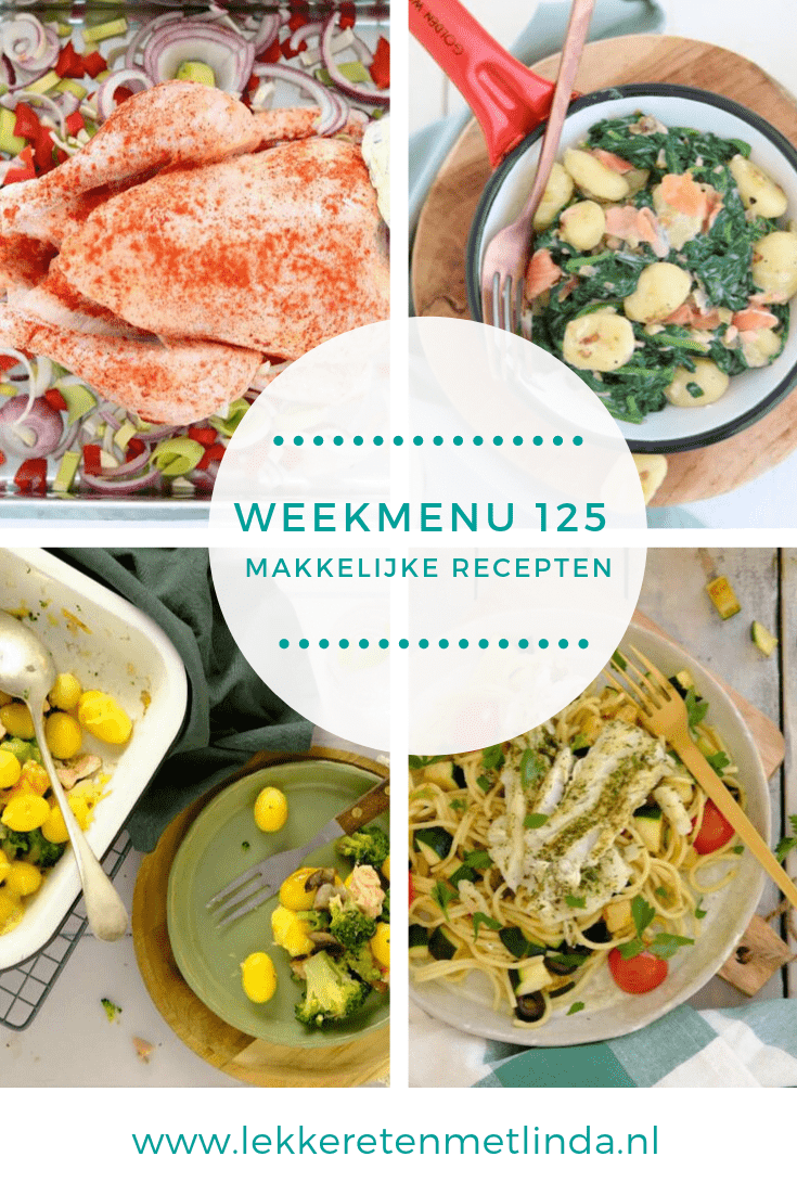 Weekmenu 125 makkelijke recepten voor het hele gezin. Het avondeten heeft deze week een Italiaanse tintje met een pasta met spinazie en gorgonzola, gnocchi met zalm en een spaghetti met kabeljauw. Verder nog kip uit de oven en een ovenschotel. 