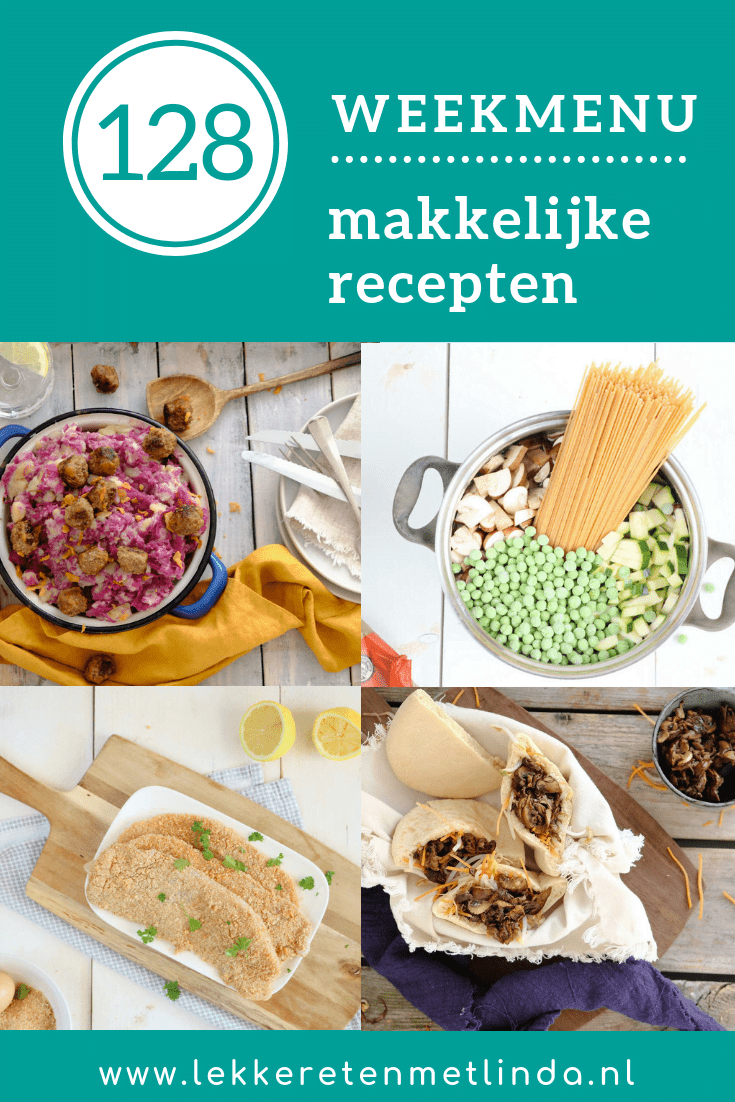 Weekmenu 128 met makkelijke recepten voor het hele gezin. Van een eenpans pasta, stamppot met verrukkelijke gehaktballetjes, een visstoofpotje en pita's.