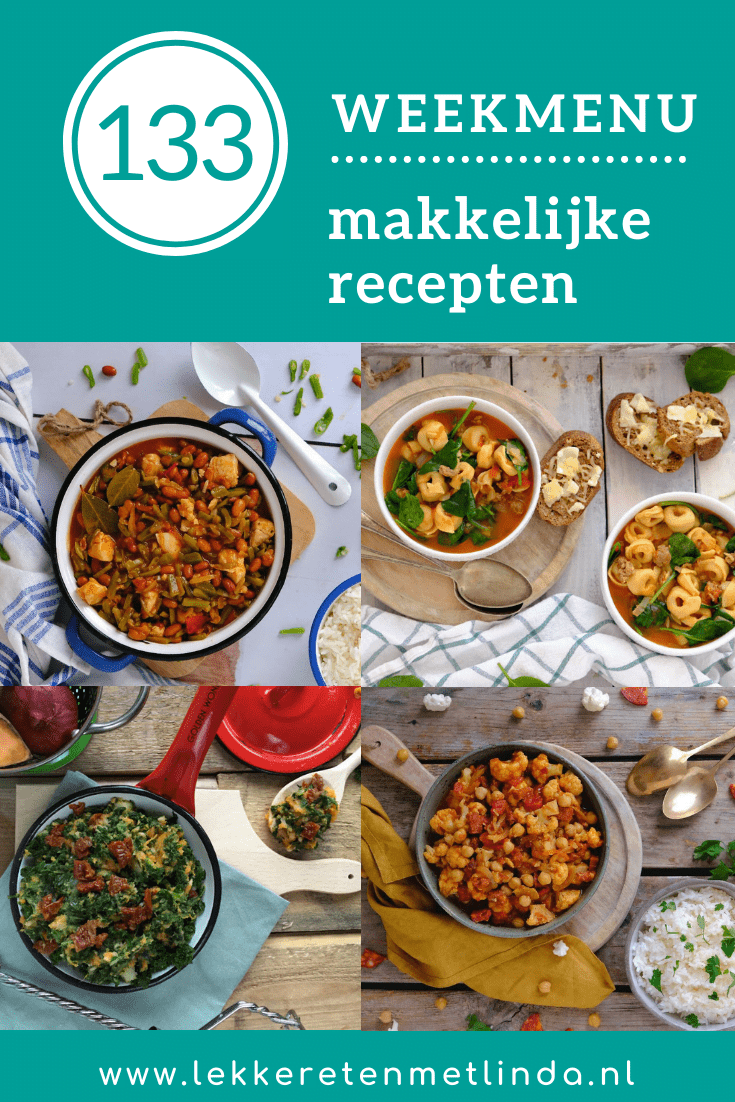 Weekmenu 133 met makkelijke recepten voor het hele gezin met inspiratie voor het avondeten. Deze week staan de Surinaamse bonen met rijst, tortellini uit de oven, een twist op de klassieke boerenkool stamppot en een stoofpot met chorizo en bloemkool op het programma.