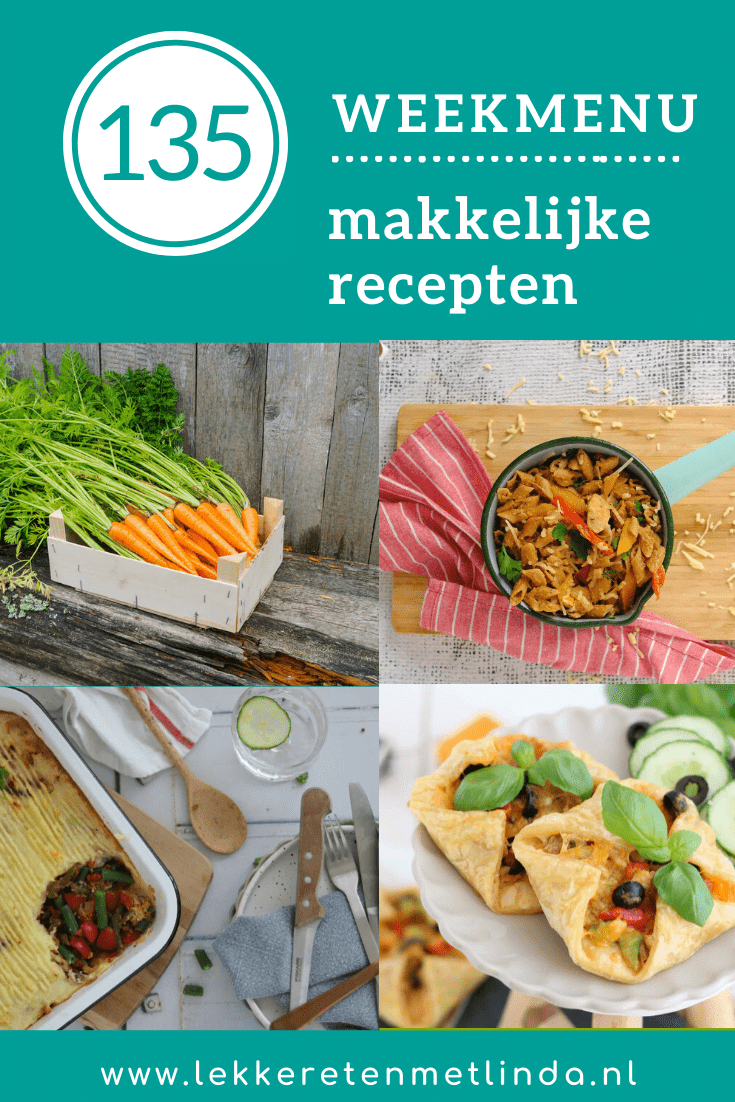 Weekmenu 135 met makkelijke recepten geschikt voor het hele gezin met deze week een eenpanspasta, wortel recepten, een ovenschotel met sperziebonen. #recepten #gezond #planner #avondeten #inspiratie
