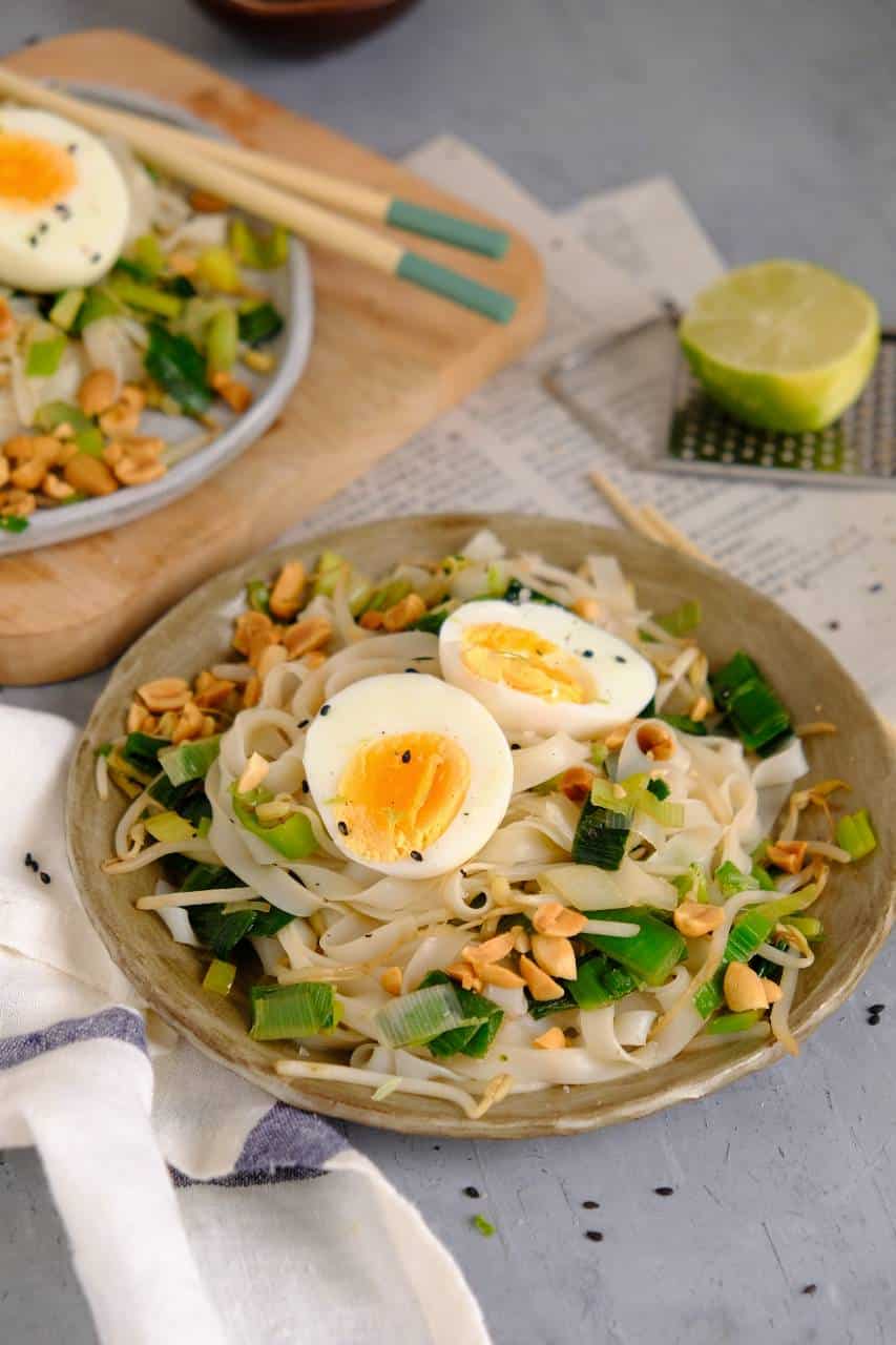 Vegetarisch wokgerecht van noedels met prei en ei. 