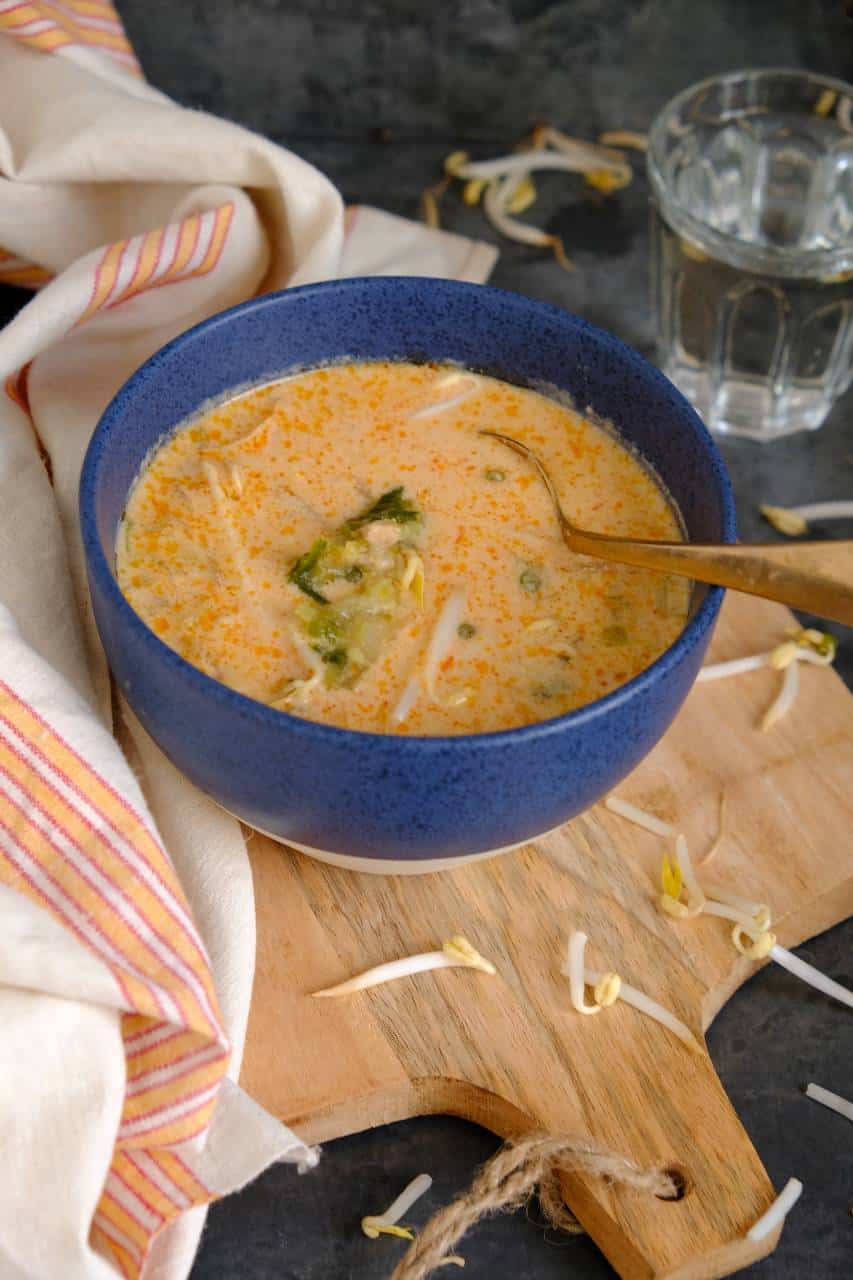 Thaise soep met kip, kokosmelk, currypasta, prei en taugé. Een lekkere pittige soep.