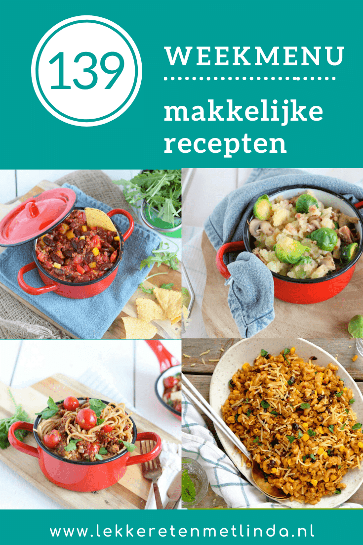 Weekmenu 139 met makkelijke maaltijden. Deze week op de eetplanning een chili con carne van Jamie Oliver, een eenpans gerecht, pastasaus met champignons. Daarnaast een verrassende stamppot en zelfgemaakte vegetarische burgers. 