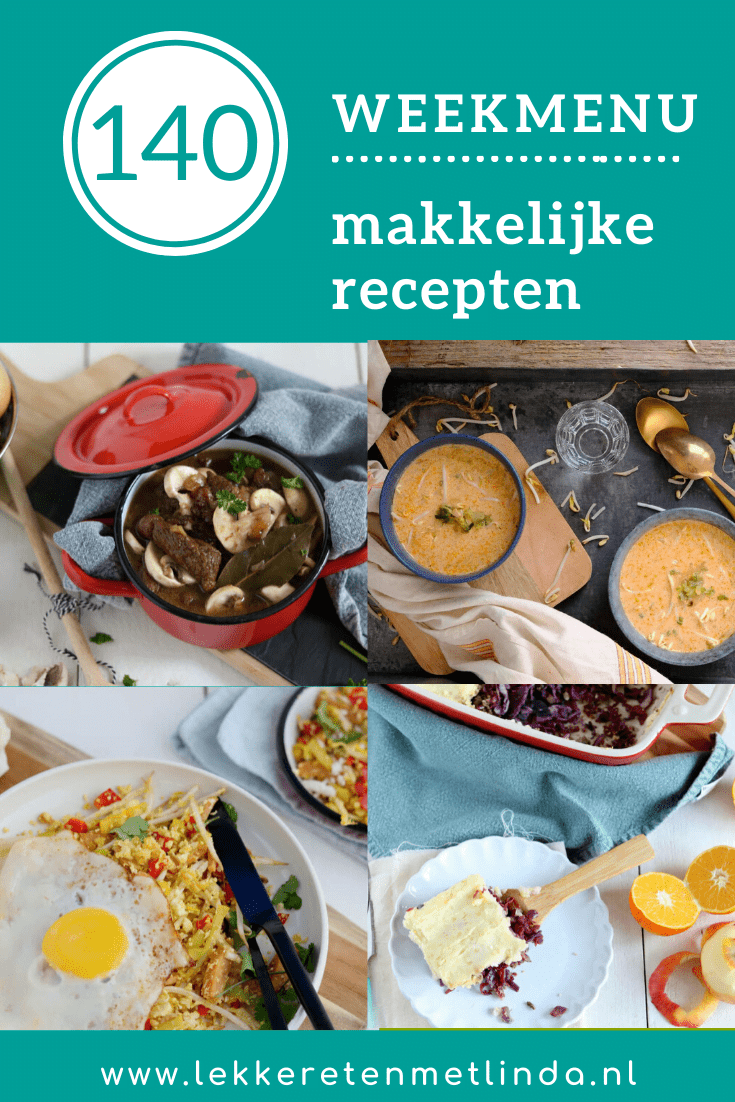 Weekmenu 140 met makkelijke recepten voor het avondeten met een vegetarische nasi van bloemkool, draadjesvlees recept met bier, ovenschotel met rode kool en een pastasaus met vis.