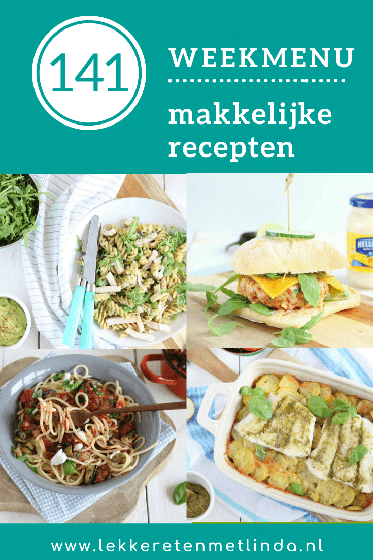Met een weekmenu werken is lekker, makkelijk en gezond. Dit is editie 141 met makkelijke recepten voor het avondeten. Deze week op de planning klassieke Italiaanse pasta, een ovenschotel met vis en heerlijke zoete bospeen uit de oven, zelfgemaakte hamburgers en een pasta met romige avocadosaus. #weekmenu or het weekend staat een heerlijk warm ontbijt met banaan voor je klaar.