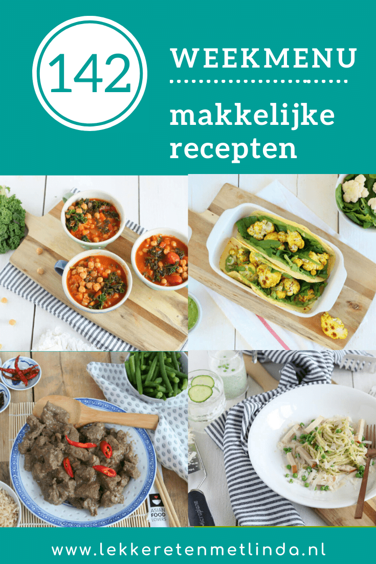 Weekmenu 142 met makkelijke recepten voor het hele gezin. Gebruik de planner voor het avondeten. Pak pen en papier voor de boodschappenlijst en schrijf mee. Deze week zit zit vol Oosterse en Aziatische smaken. Van een andijviestamppot met oosterse twist, Aziatische stoofvlees en curry wraps. Klik op de foto voor de recepten. #weekmenu
