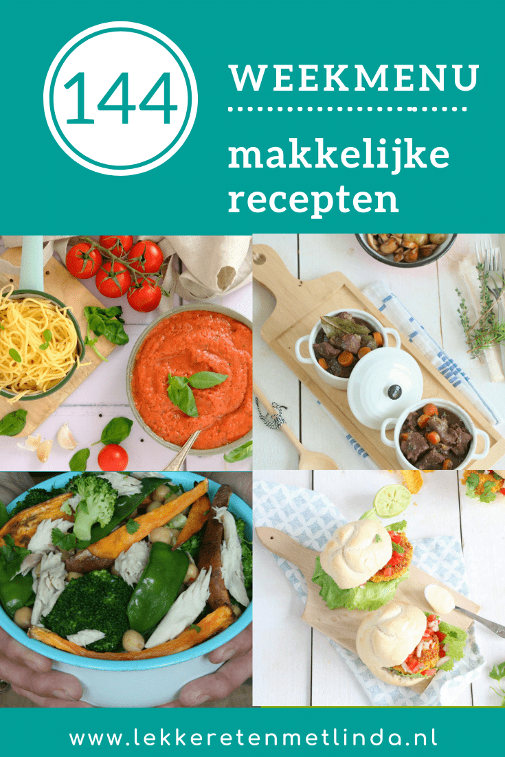 Weekmenu 144 met makkelijke recepten geschikt voor het hele gezin. Gebruik het weekmenu als planner voor het avondeten. Pak pen en papier voor de boodschappenlijst en schrijf mee. In het schema voor deze week zit een snelle pastasaus uit de blender, 7 x stoofvlees recepten, een curry en krokante kipburgers. Klik op de foto voor de recepten. #weekmenu #planner