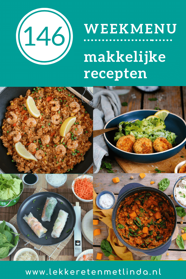 Weekmenu 146 makkelijke recepten voor het avondeten en geschikt voor het hele gezin. Gebruik het weekmenu als planner voor het avondeten. Pak pen en papier voor de boodschappenlijst en schrijf mee. Deze week staat paella, zelf springrolls maken, broccoli stamppot met zalmburgers en een pompoen curry met linzen op het menu. Klik op de foto voor de recepten. #weekmenu #planner