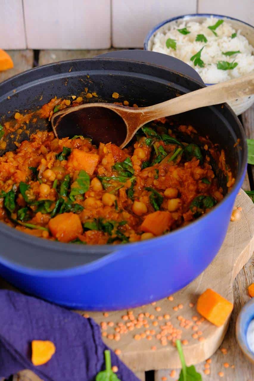 Pompoen curry met linzen en rijst