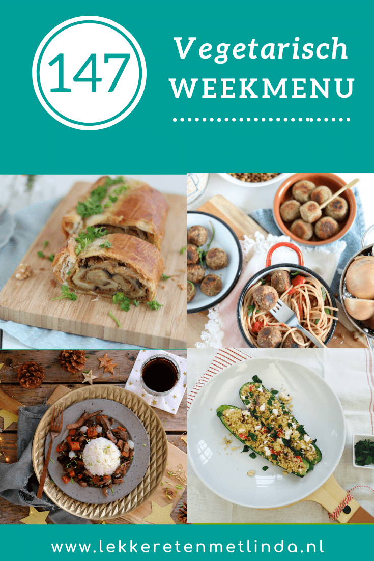 Weekmenu 147 met vegetarische hoofdgerechten, geschikt voor het hele gezin. Gebruik het weekmenu als planner voor het avondeten. Pak pen en papier voor de boodschappenlijst en schrijf mee. Deze week staan zelfgemaakte vegetarische balletjes, vegan bourguignon, gevulde courgette met feta, bietenstamppot met geitenkaas en walnoot en een aubergine wellington op het menu. Klik op de foto voor de recepten. #weekmenu #planner #vegetarisch