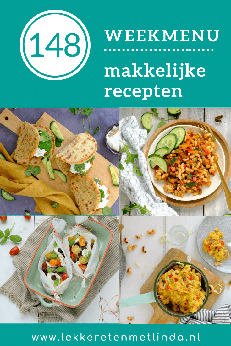 Weekmenu 148 met makkelijk recepten voor het avondeten. en geschikt voor het hele gezin. Gebruik het weekmenu als planner voor het avondeten. Pak pen en papier voor de boodschappenlijst en schrijf mee. Deze week staat een vega spitskool stamppotje, snelle macaroni, kabeljauw uit de oven, kip tandoori burgers en koken uit de voorraadkast op het menu. Klik op de foto voor de recepten. 