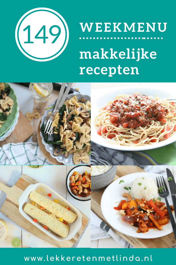 Weekmenu 149 vol comfort food, waar je blij van wordt vol groente en bomvol smaak. Recepten die je kunt verdubbelen om de vriezer te vullen of je buurvrouw in de zorg blij mee te maken. Een vegetarische pasta om mee aan je weerstand te werken. De lekkerste spaghetti bolognese saus, zelf wraps maken en een klassieke kip pilav. #weekmenu #avondeten 