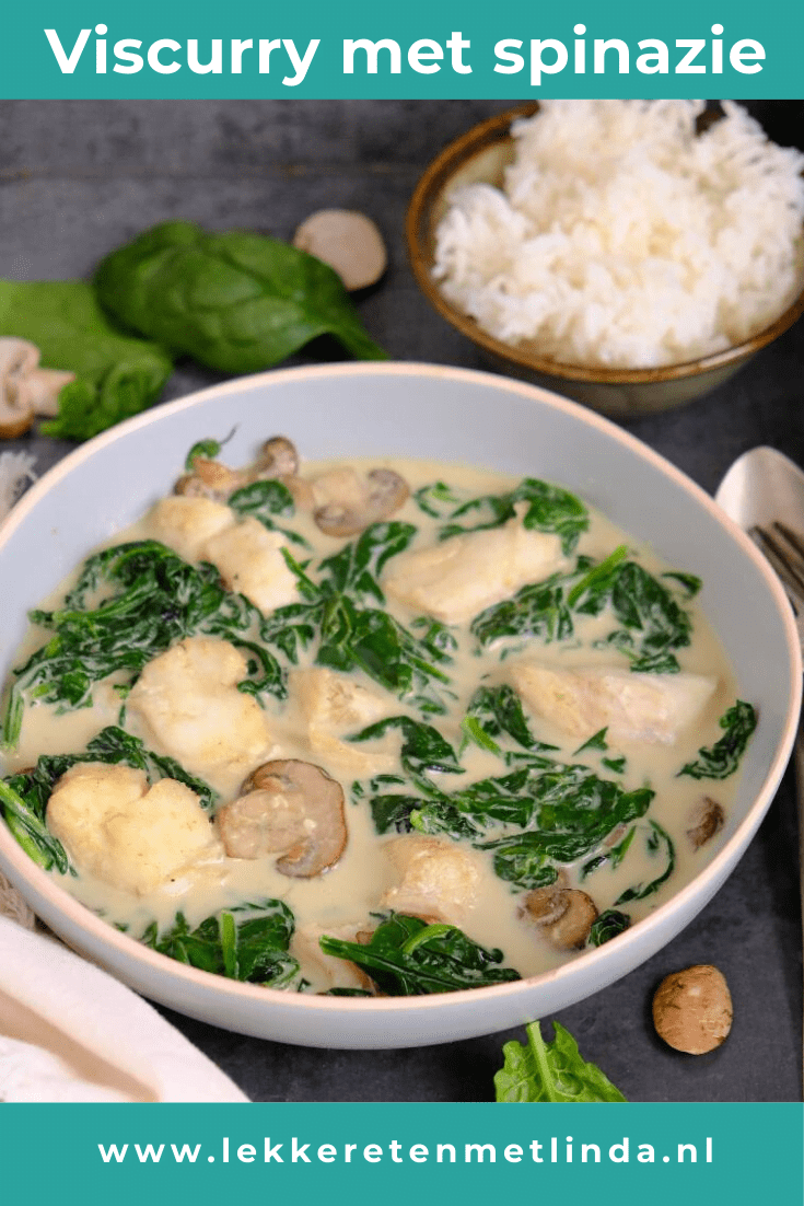 Een viscurry recept met kabeljauw. Deze Thaise viscurry met spinazie staat binnen no-time op tafel. De currysaus is lekker romig door de kokosmelk waar de vis in gaart. Klik snel op de foto voor het recept. #vis #viscurry #aziatisch