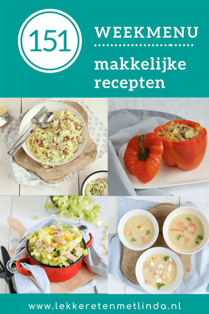 Weekmenu 151 makkelijke recepten 151 voor het avondeten. In de planner van Lekker eten met Linda deze week gevulde paprika, pasta met romige preisaus, een andijviestamppot en aspergesoep van de schillen.
