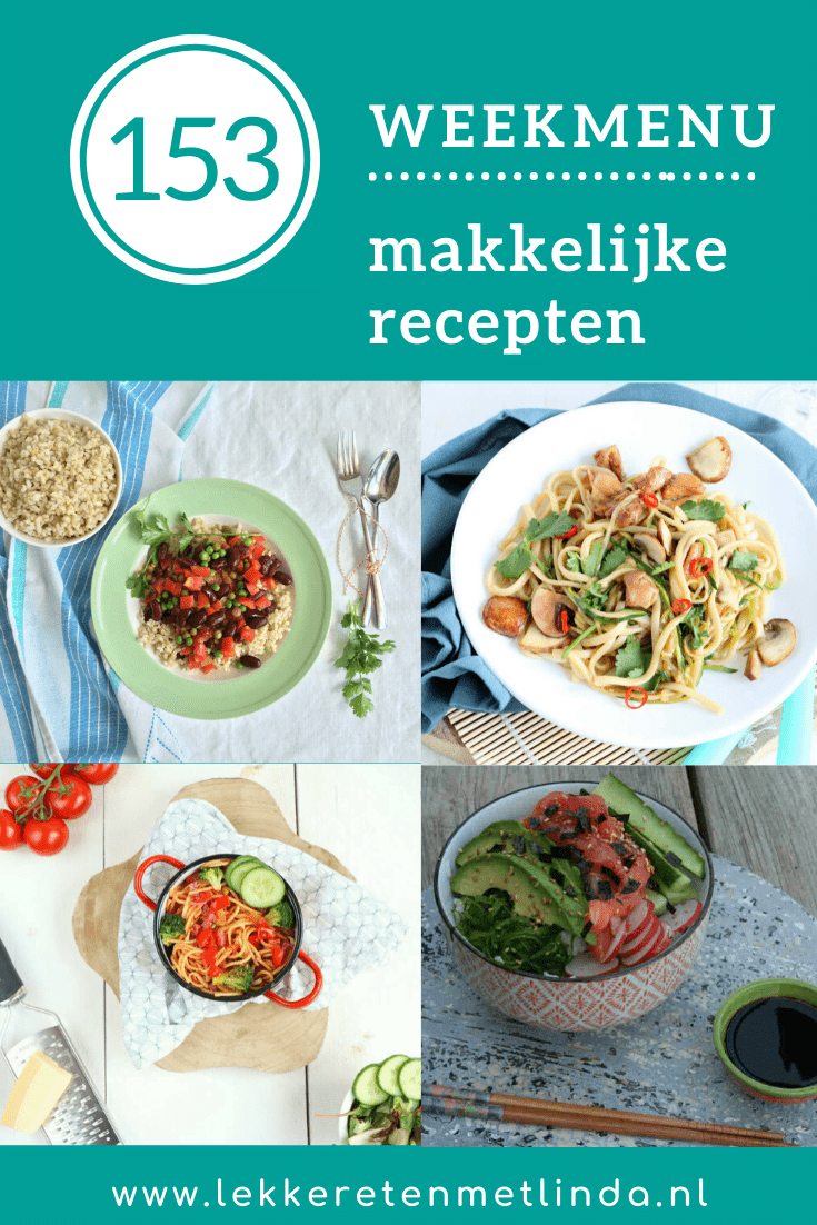 Weekmenu 153 makkelijke recepten voor het avondeten met deze week een chili sin carne, gebakken noedels met kip en zelfgemaakte woksaus, spaghetti met broccoli en een makkelijke sushi. 