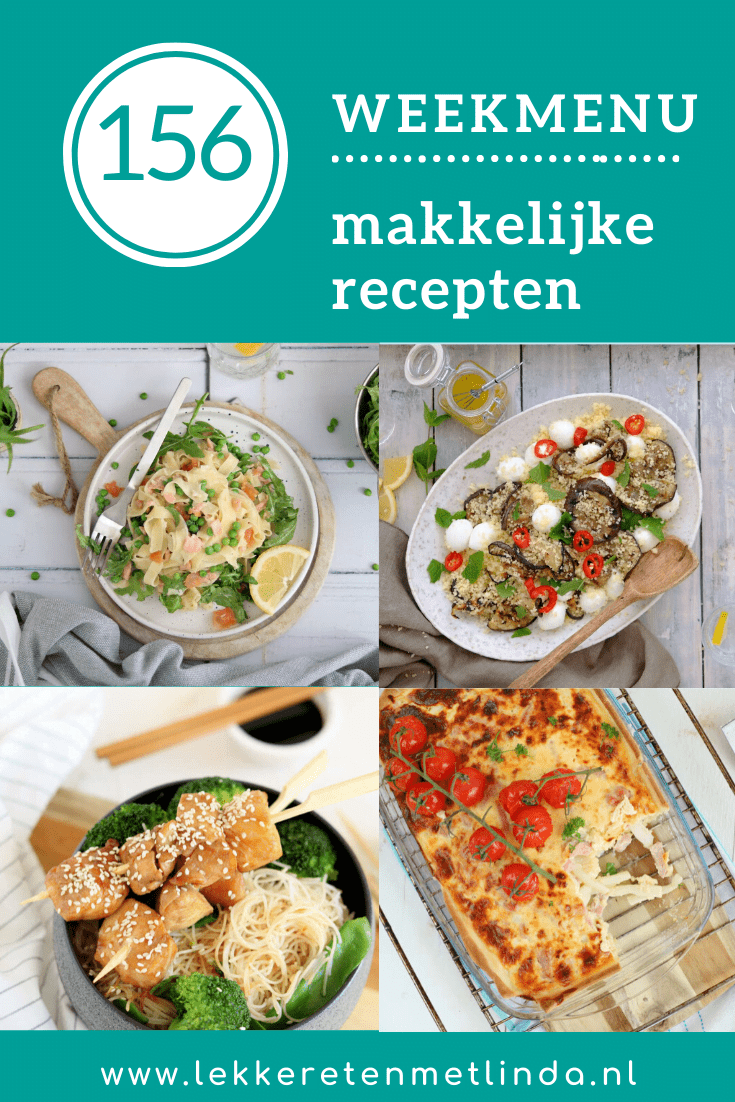 Weekmenu 156 makkelijke recepten voor het avondeten. Met deze week een pasta recept, asperge taart, een makkelijke maaltijd met mihoen en nog meer lekkers. Klik snel op de foto voor de recepten. #weekmenu #lekkeretenmetlinda