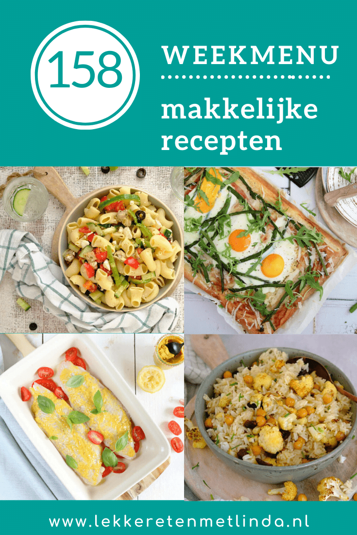 Weekmenu 158 makkelijke recepten voor het avondeten, geschikt voor het hele gezin. Deze week op de eetplanning vis uit de oven, een plaattaart met ei, gehaktballetjes, rijst met bloemkool en een Griekse maaltijdsalade.