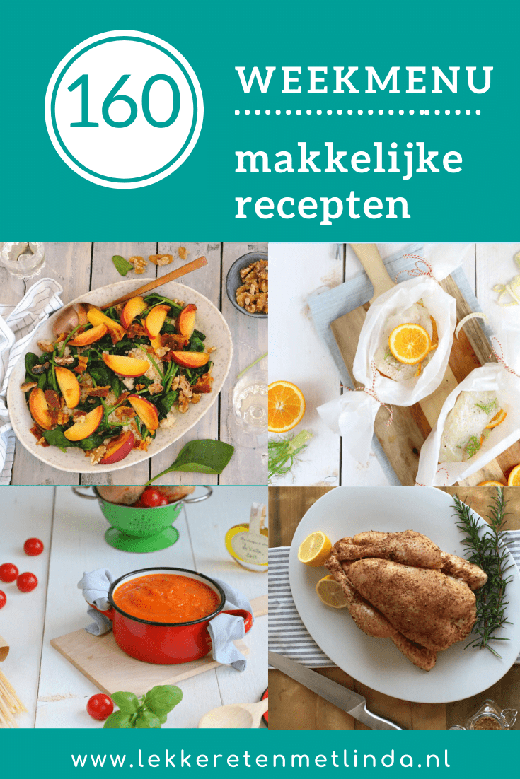 Weekmenu 160 met makkelijke recepten voor het avondeten met deze week een couscous salade, bloemkool stamppot, kabeljauw uit de oven, pastasaus van verse tomaten en kip van Jamie Oliver. Klik snel op de foto voor de recepten. #weekmenu #lekkeretenmetlinda